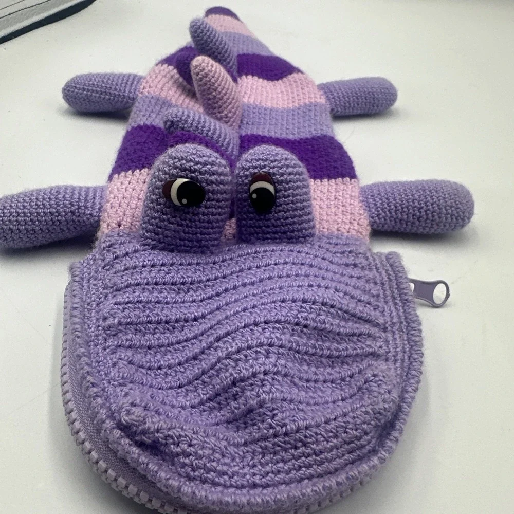 Handmade Crochet Dinosaur Dragon Zip Pouch Coin‎ Purse Bag Purple Stripe Cute